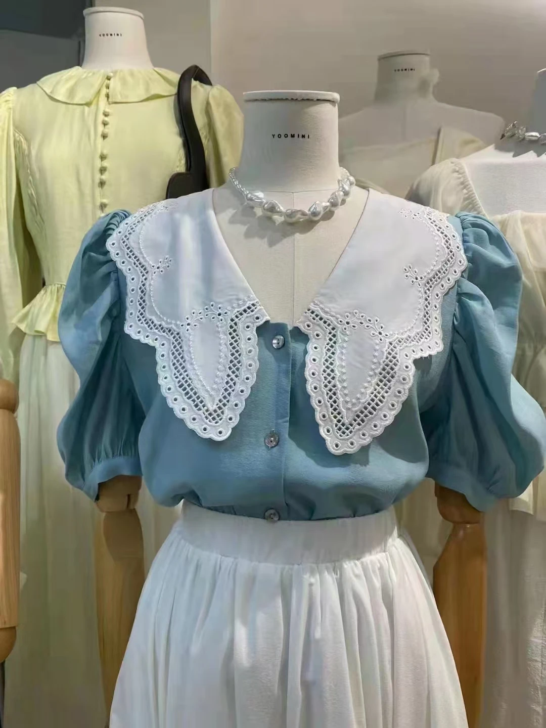 Front Tie White O-Neck Detachable Embroidery Flower White Organza Women Female Fake Collar For Dress Garment Accessories