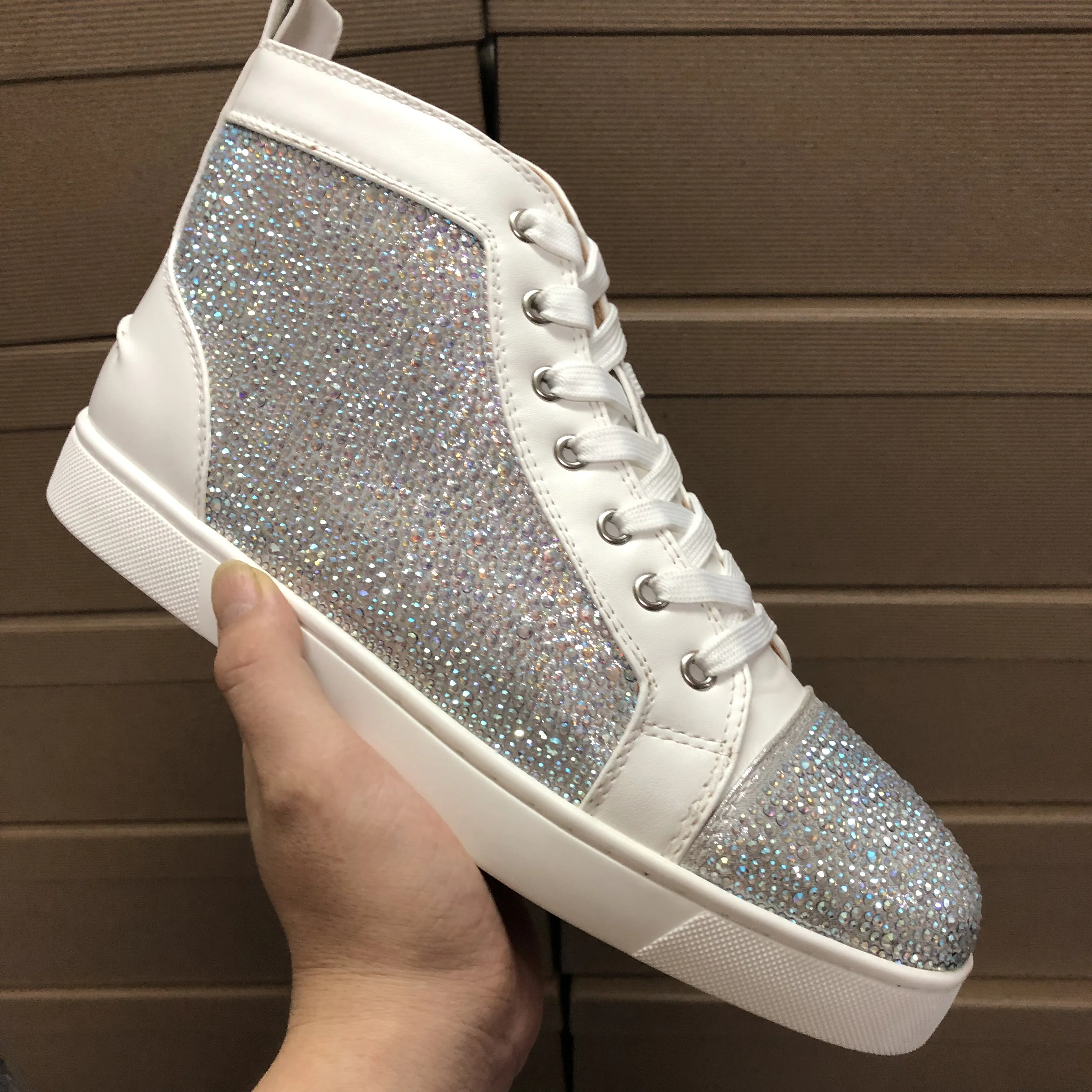 Wholesale Leather High Top Rhinestones Brand Mens Red Bottoms Spikes Shoes Famous Brands Luxury Designer Sneakers for Women