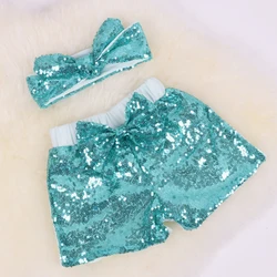 Rainbow Baby Girls Sequin Shorts Summer Toddlers Birthday Short Pants Glitter On Both Side With a Rabbit Headband Casual Outfits