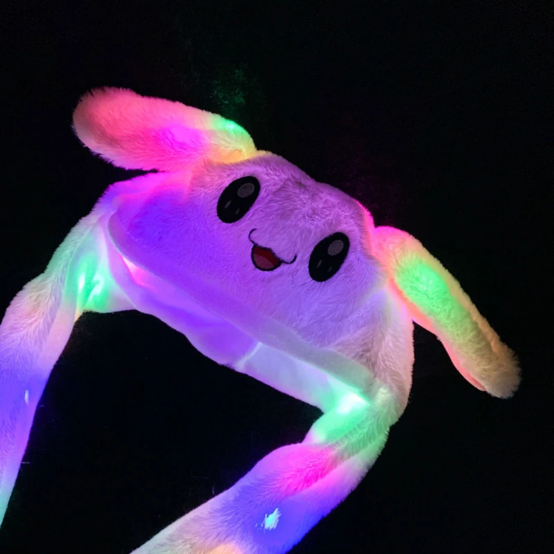 Custom Logo Plush Toy Cute Bunny Ear Party Led Light Moving Ear Hats Plush Toy