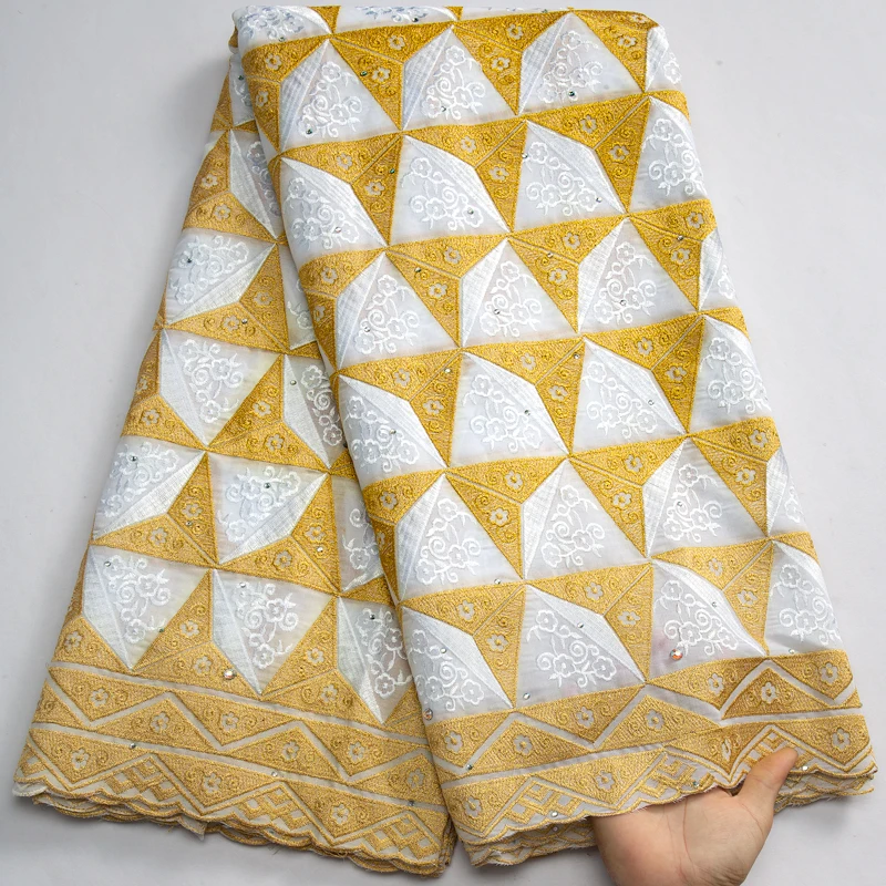 3614 Wholesale Various Designs White and Gold African Cotton Lace with Rhinestones Swiss Voile Lace Fabric For Women Dresses