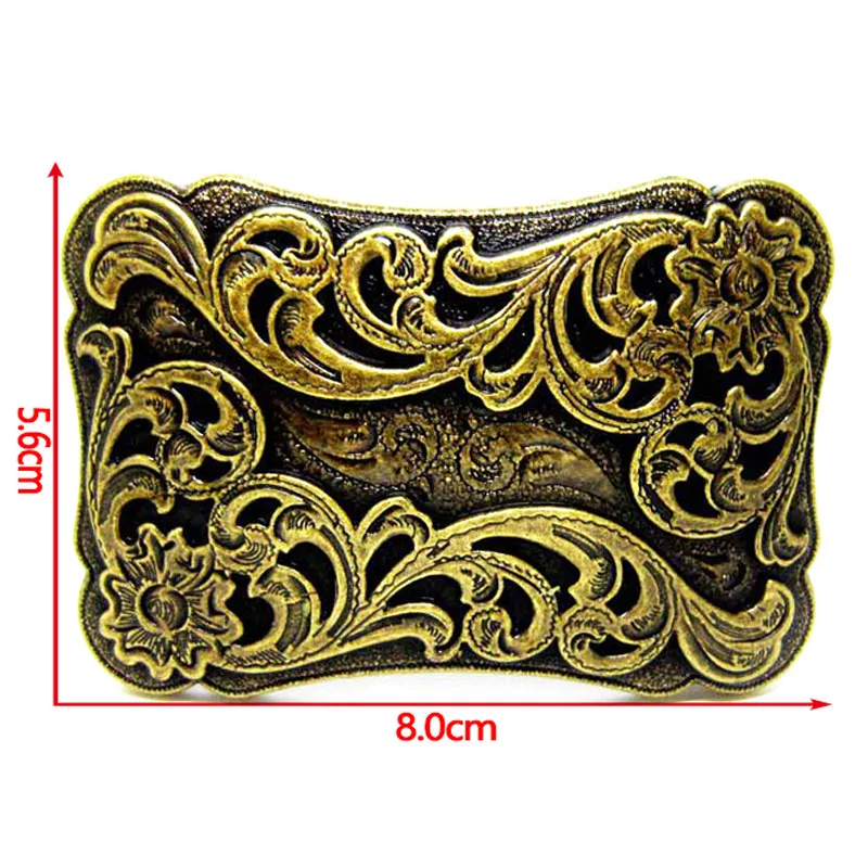 Wholesale Cowboy Flower Pattern Embossed Tang Grass Style Antique Heavy Floral Solid Brass Belt Buckles
