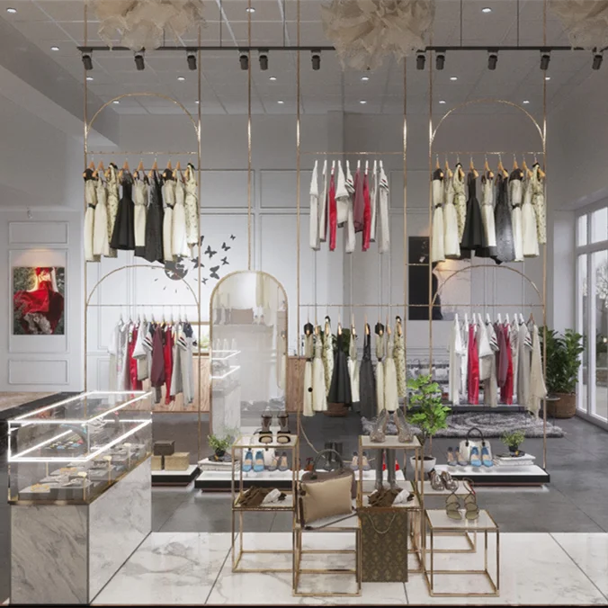 Custom High-end Stainless Steel Garment Store Display Interior Design Hot Retail Clothing Boutique Shop Furniture Decor