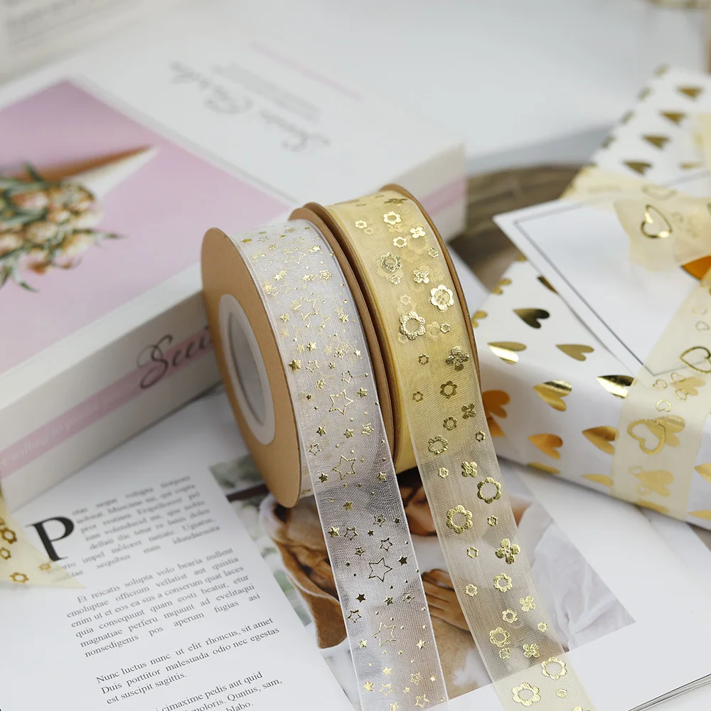 Factory wholesale sheer ribbons 3d gold foiled print embroidered custom logo lace printed organza ribbon roll