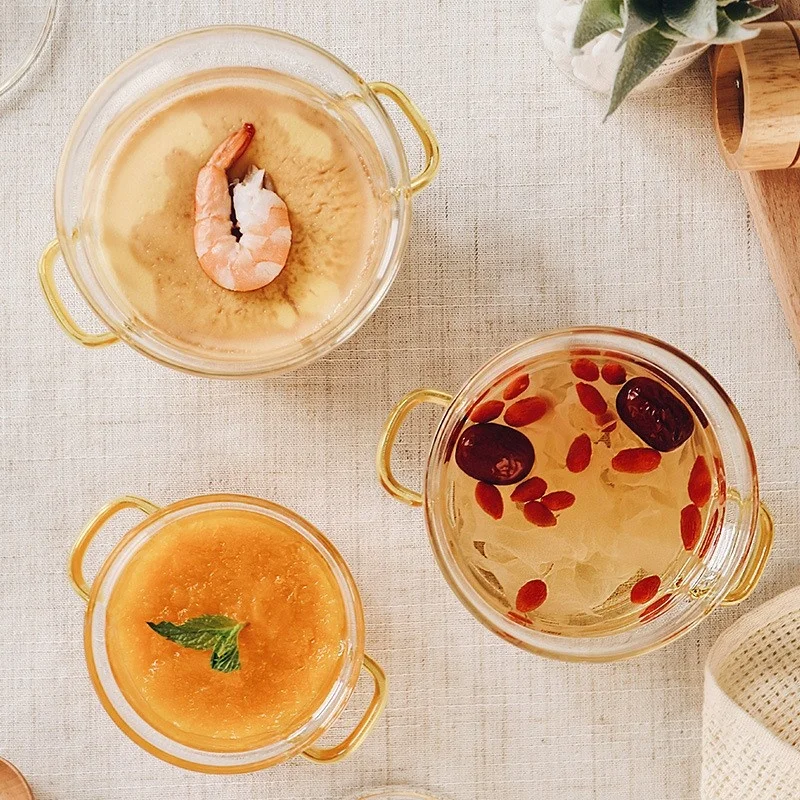 Стеклянная суповая кастрюля ручной работы OEM, кастрюля для приготовления пищи с ручками, термостойкая кухонная посуда, стеклянная посуда для приготовления пищи