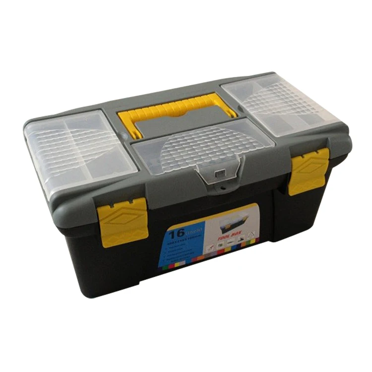 16 Inch Portable Tool Storage Box with Handle Two Layer Tray Plastic Toolbox