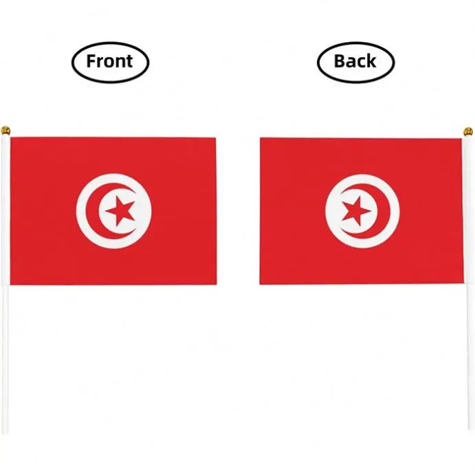 Festival Tunisian Hand Held Stick Waving Flag Of Tunisia With Plastic Flagpole Polyester Good Quality Digital Printing
