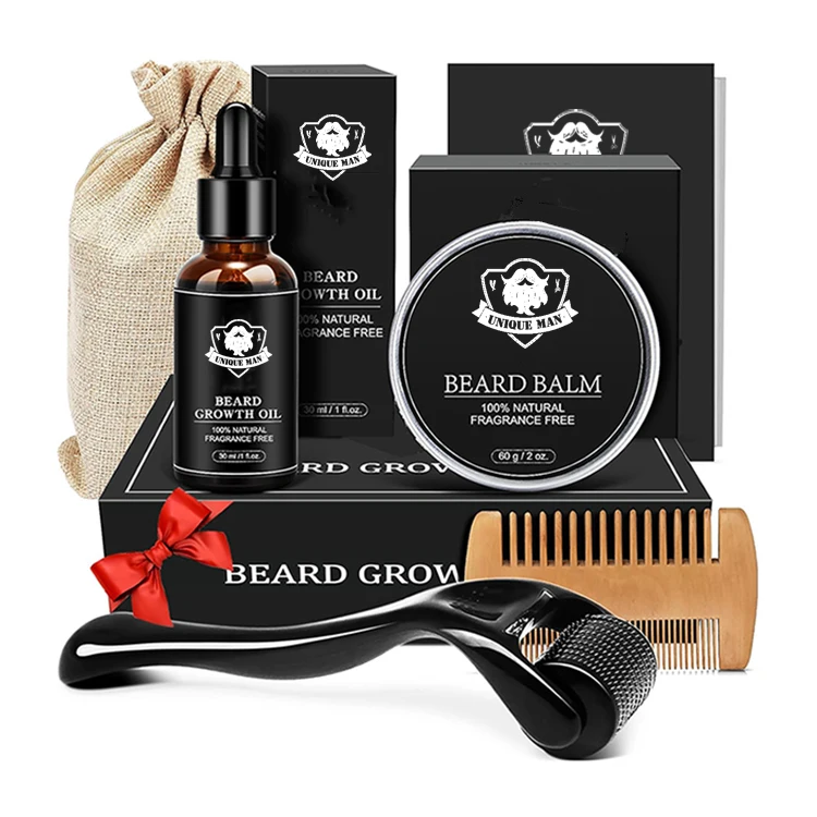 Wholesale hot selling beard growth kit for black men private label premium nature organic fast beard oil serum beard growth kit