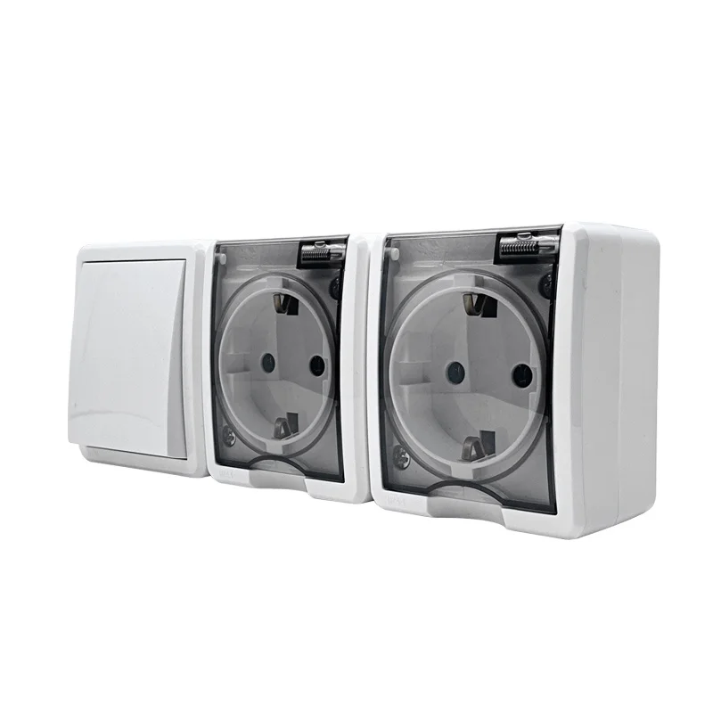 Best price Block Double Schuko Power Outlet With Shutter + 1 Gang 2 Way Light Switch (Surface Mounted)