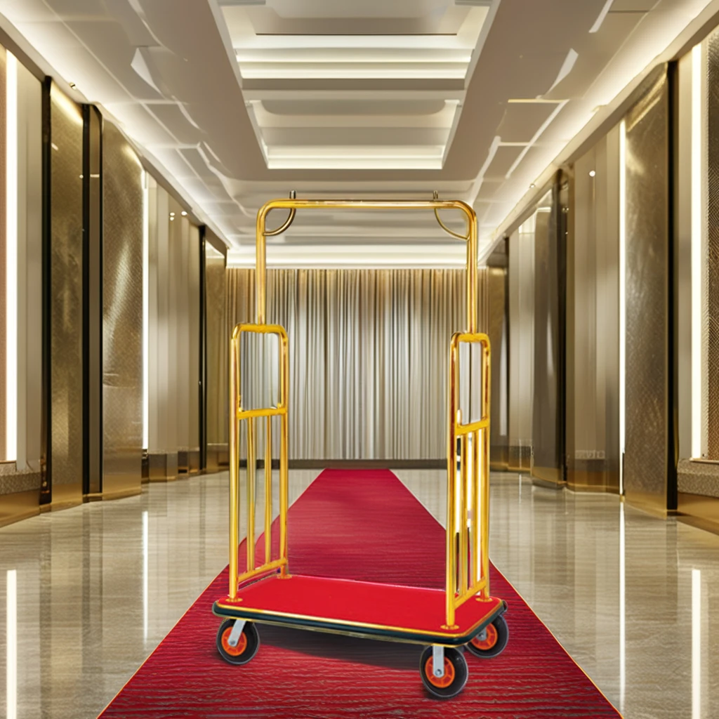 Wholesale Modern Hotel Lobby Bellman Luggage Carrier Trolley New Design Gold Titanium Serving Trolley Supplies for Hotels
