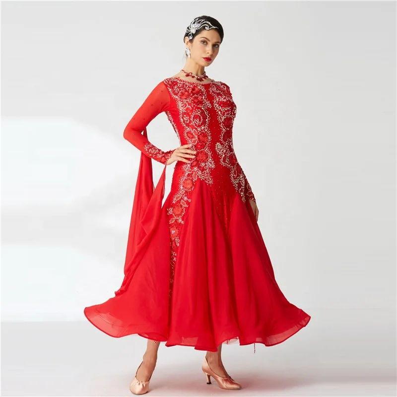 B-2019 Custom smooth dance dresses high quality competition red chiffon ballroom dance dresses from China
