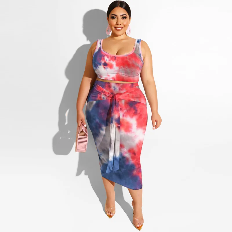 Women Plus Size Boob Tube Sexy Top Dress Hip Lifting Tie-dye Color Two Piece Set Outfits Women Long Maxi Dress