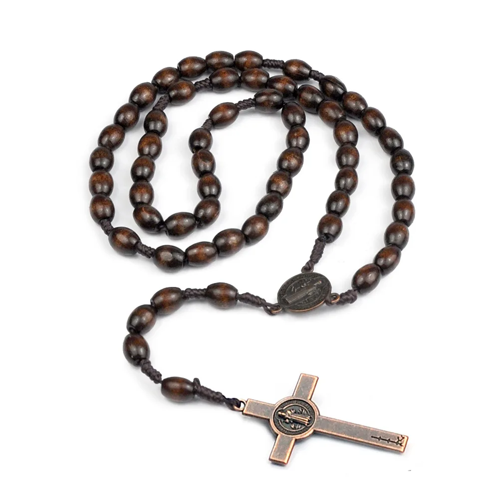 Handmade Catholic Pendant Necklace Jesus Saint Wood Beads Rosary Necklace Women Men Religious Holy Jerusalem Prayer Jewelry