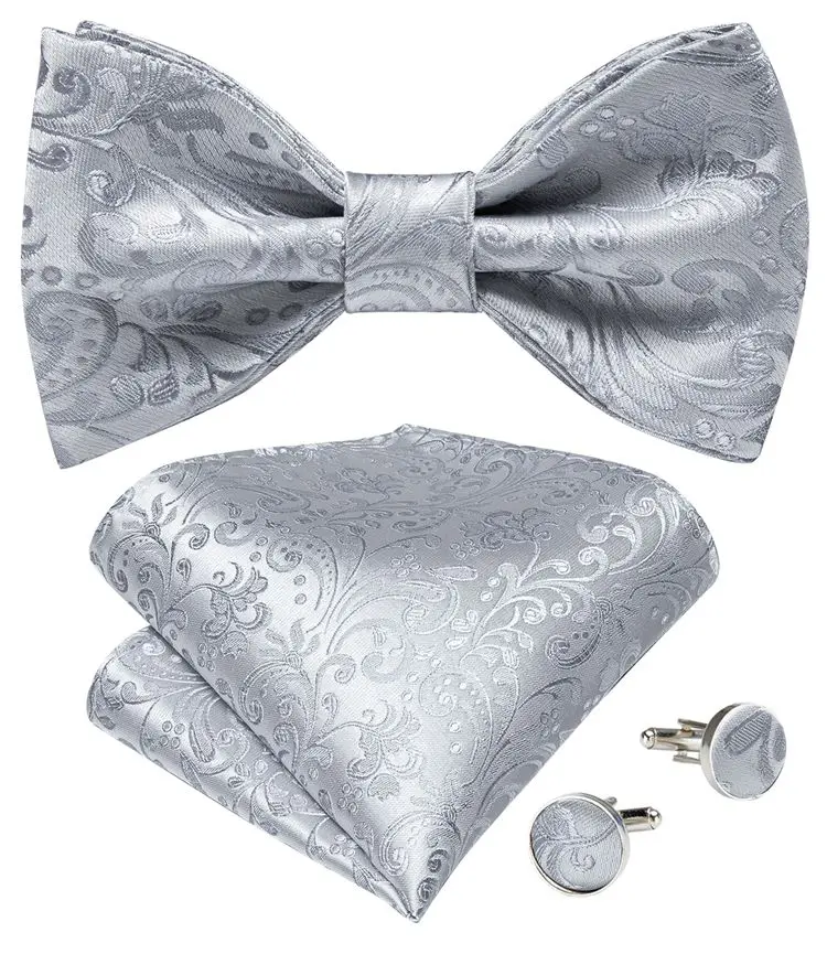Custom Fashion Silver Self Tie Bow Tie Gray Luxury Silk Paisley Italian Bow Ties For Men