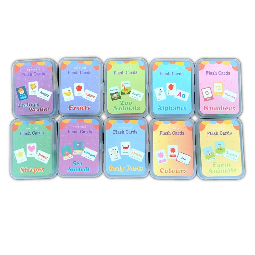 kids children early learning education laminated card plastic box packing fruit shapes numbers 10 designs paper flash cards