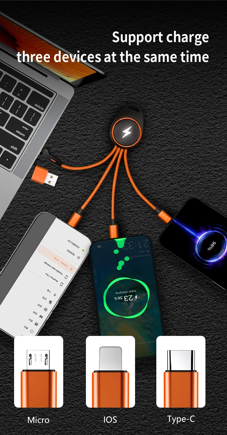 Promotional Braided 5 in 1 Logo Engrave USB Cable For Keychain Luminous LED Light Micro USB Type C Mini Fast USB Charging Cable