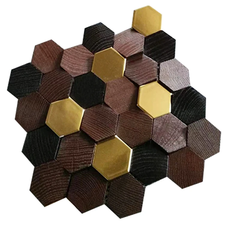 Hexagonal spliced colorful electroplated ceramic 3d wall panel interior solid oak wall panel