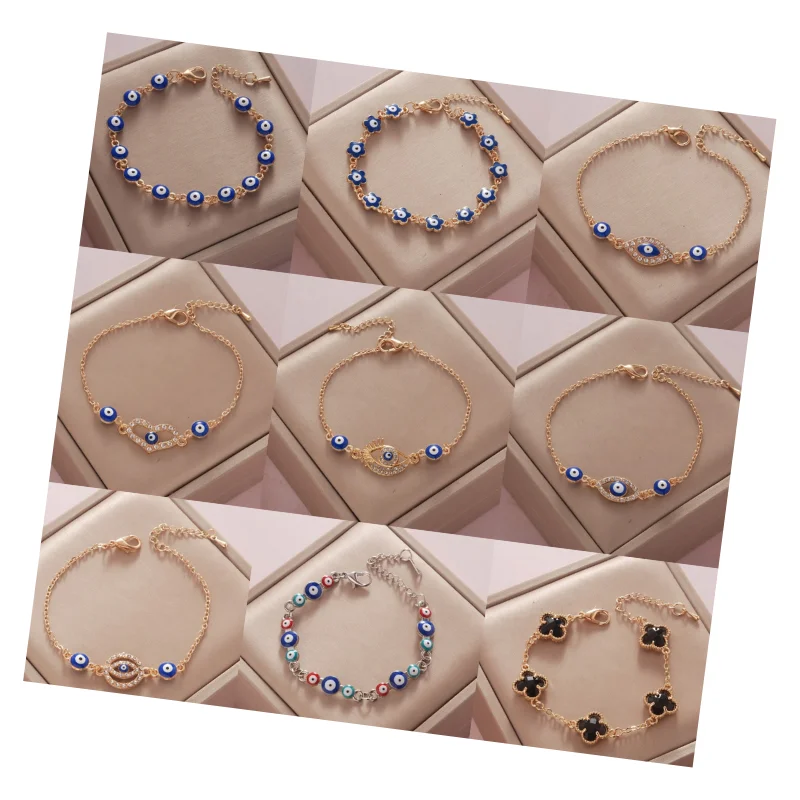 Wholesale 2023 Trendy Jewelry Accessories Women Pulsera Gold Plated Lucky Four Clovers Blue Turkish Evil Eye Charm Bracelets