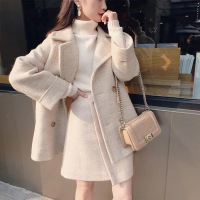 Winter Fashion Womens Autumn Faux Wool Jacket And Skirt Set Korean Coat Basic Femme Thick Cape Cloak