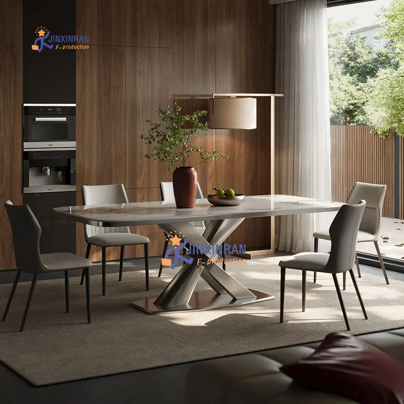 home use luxury dining table set 6 seaters modern stainless steel X shape base sintered stone dinning table set