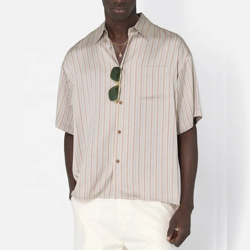 Custom Oversize High Quality  OEM Print Pocket Shirt New Sublimation Silk Button Up Shirt Men Short Sleeve Shirts