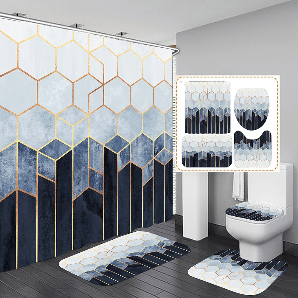 Non-Slip Rugs Toilet Lid Cover And Bath Mat And 12 Hooks 4 Pcs Modern Geometric Shower Curtain Set For Bathroom