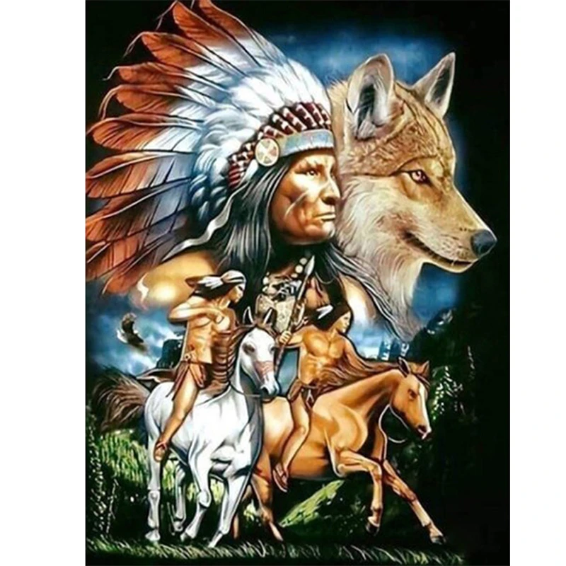 Hot selling 5d canvas Indian wild nature hunter horse DIY Mosaic diamond painting for living room decor