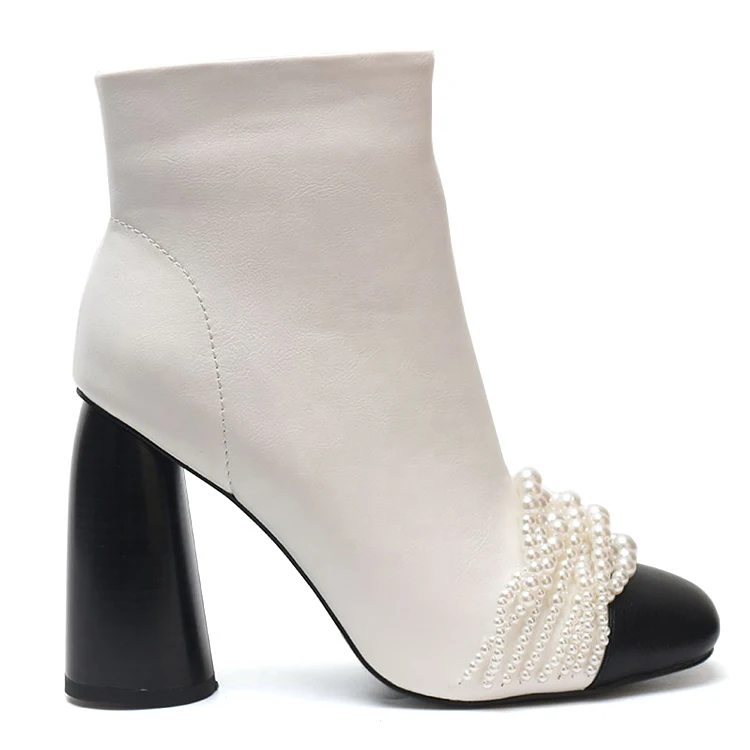 Fashion White Pearl Women Ankle Boots New Arrivals 2020 Chunky Heels Ladies  Boots for Women