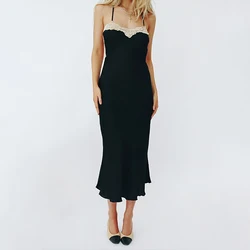 OEM 2022 Custom 100% Polyester Women Slip Dress Black Lace Trim Adjustable Crossover Shoulder Straps Casual Midi Dresses