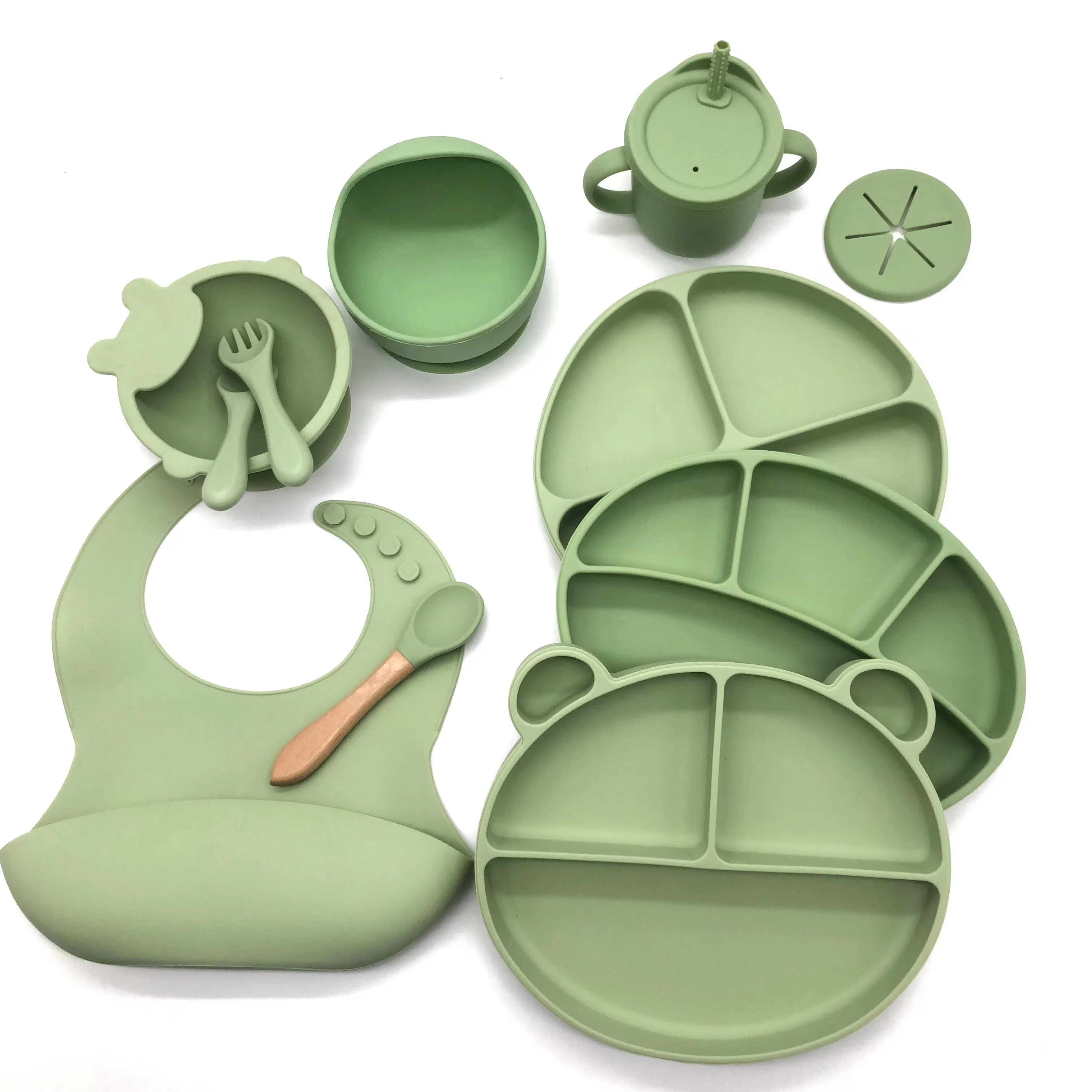 Custom Eco Friendly children tableware kid Dining silicone Suction baby Plates Spoon Fork Bowl Bib baby silicone Feeding Set