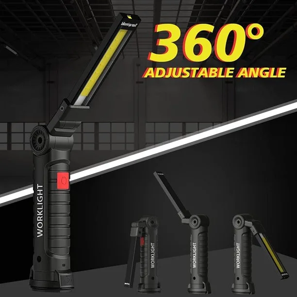 COB Torch Flashlight with Magnetic Base Rechargeable Work Light Workshop Lamp 5 Modes White/Red Light Camping Lamp for Garage