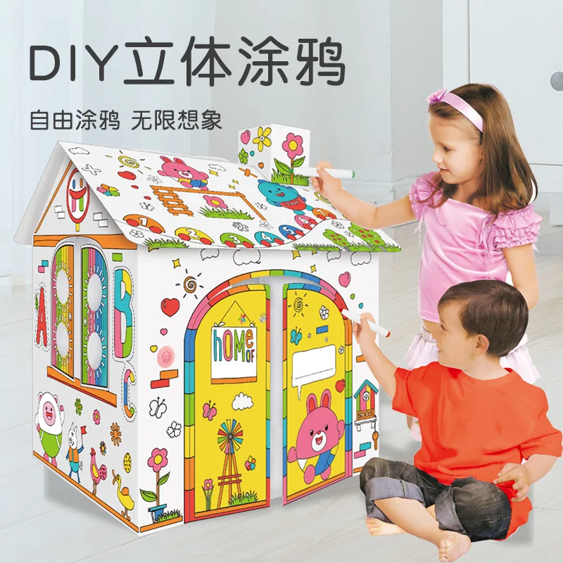 Educational Learning Coloring 3D  DIY Puzzle Doodle Cardboard Cubby House With Light & Music