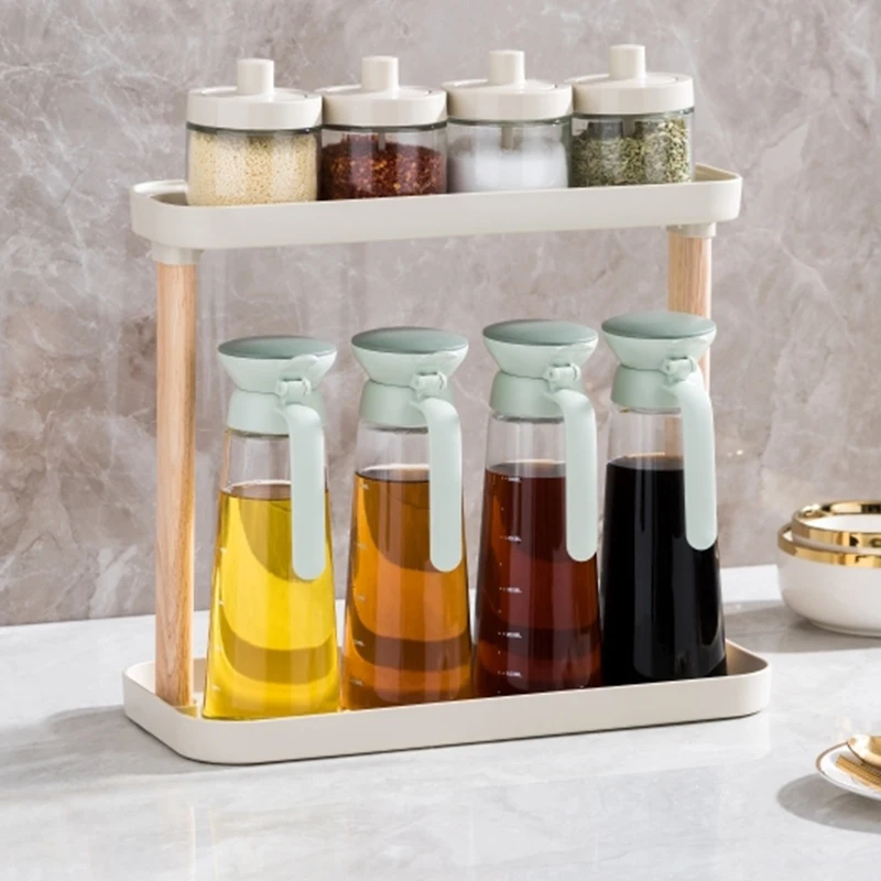 Kitchen spice storage jars set oil glass bottle condiments storage wooden holders rack organizer for kitchen