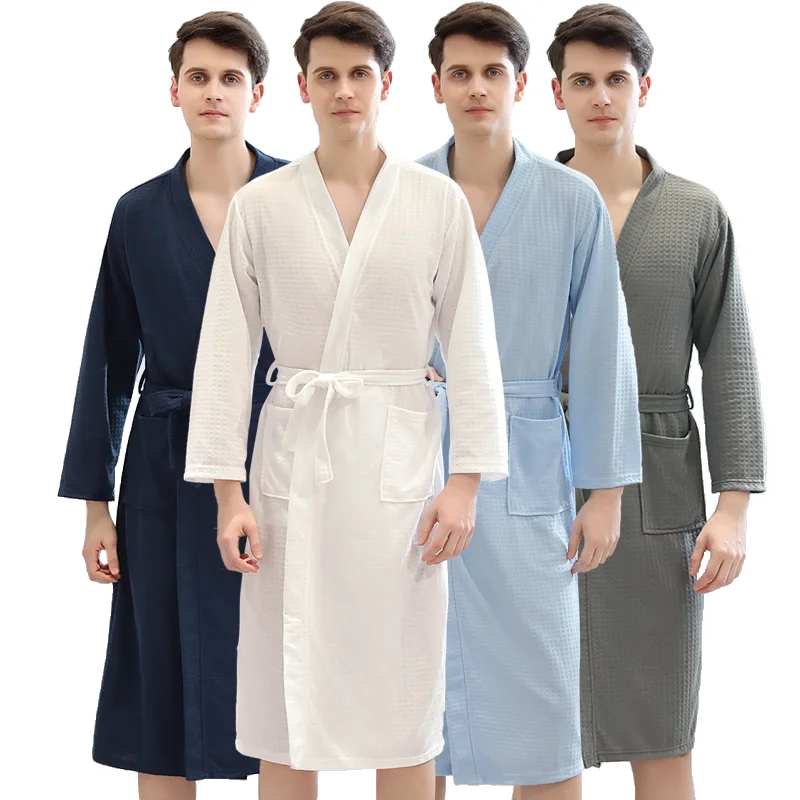 AIMINYZ Hot Selling Summer Thin Waffle Bathrobe For Men Minimal V-neck 3/4 Sleeves Water Absorbing Couple Pajamas Spring Autumn