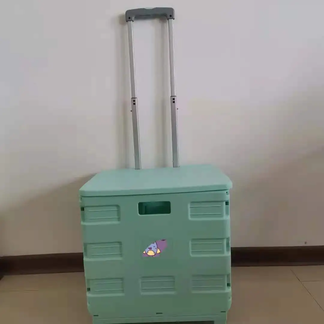 Pack and roll collapsible portable folding plastic grocery shopping trolley cart with wheels Adjustable Handle
