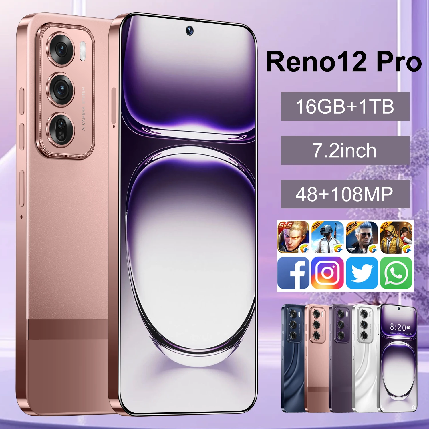 High Quality Unlocked 7.3 Inch Reno 12 Pro Smartphone 16GB+1TB 5G Android 13.0 Dual SIM HD Screen Face Unlock Global Gaming
