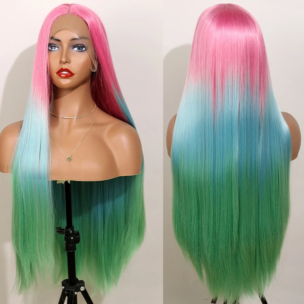 Synthetic Lace Wig Pink Ombre blue green Colorful Lace Wig With Natural Hairline Heat Resistant Hair Cosplay Halloween Wigs