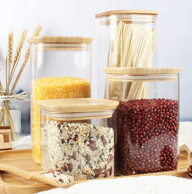 High Borosilicate Square Glass Spice Jar Bamboo Lid Kitchen Glass Container Spaghetti Beans Nuts Storage Food Use Custom Logo