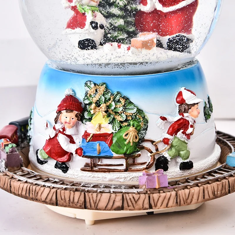 custom christmas snowball snow globe spinning rotation train Santa Claus tree snowman light music