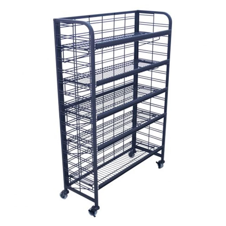 3-4 Tiers Snack Display Retail Shelf Wholesale Supermarket Black Metal Bread Wire Rack With Caster Whee