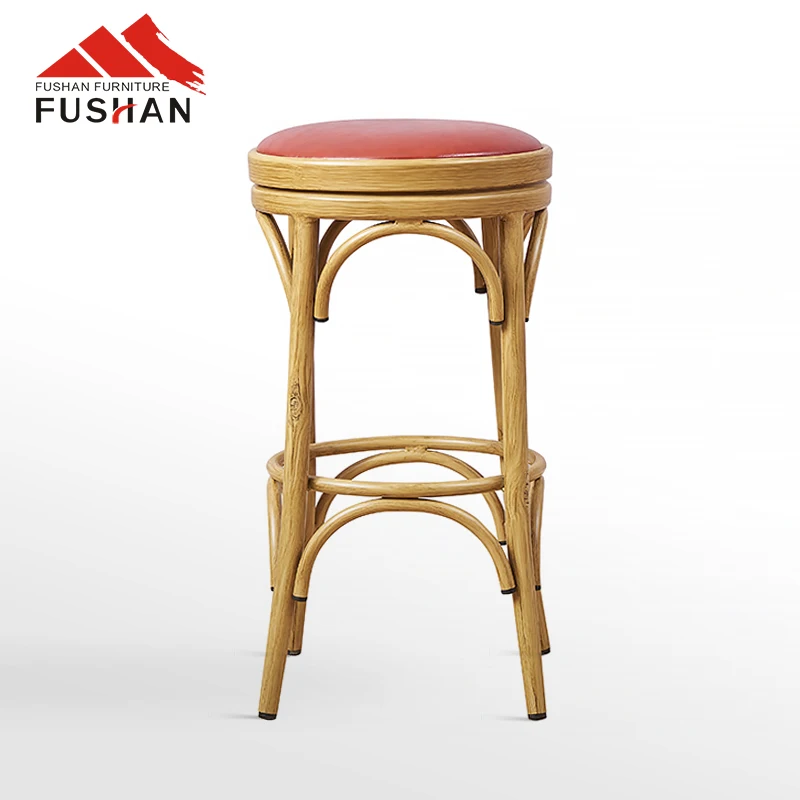 Wholesale Round Cross Cane Seat Stools Modern Bar Chair Bistro Wood Restaurant Furniture Product PU Seating Bar Stool High Chair