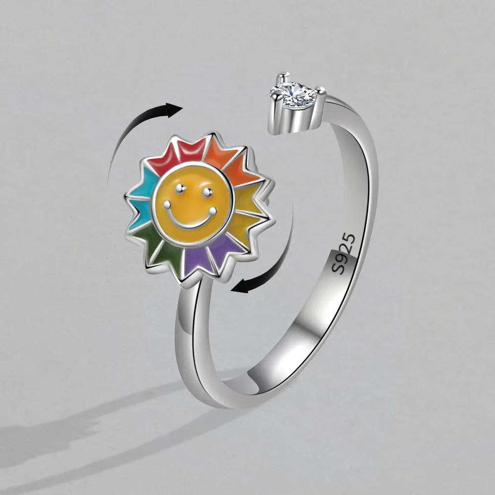 Yoga  Pressure Spinning Smile Adjustable Anxiety Ring For Women Vintage Rotatable Zircon Sunflower Anti-stress Fidget Rings