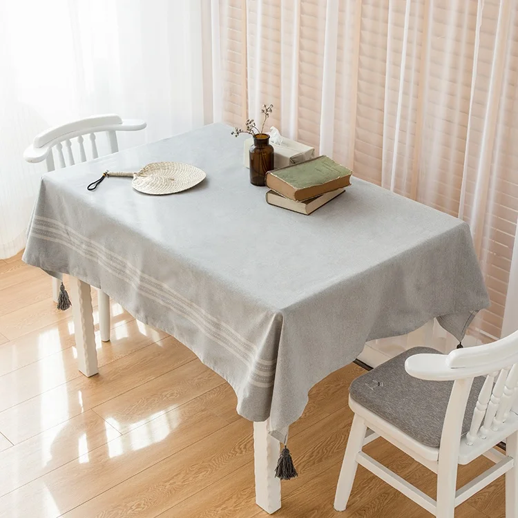 Wholesale modern design luxury plain gray cotton woven fabric hotel dinner decoration tablecloth with tassels table cover