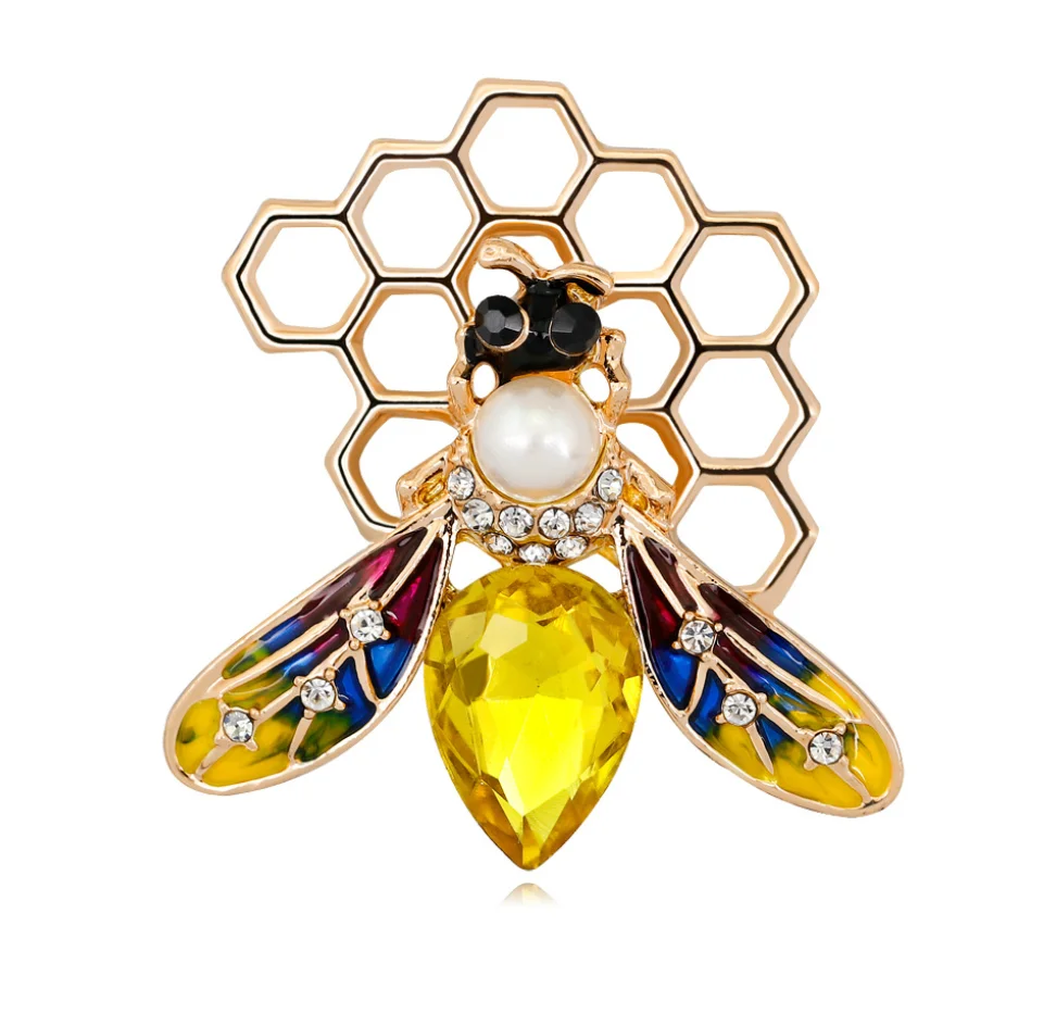 
New fashion statement enamel designer bee hive honeycomb wild lady insect rhinestone brooch pin for college research women gift 