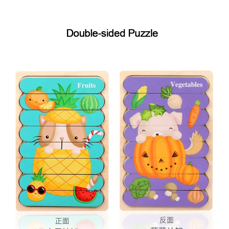 Baby Early Educational Learning Toys Kids Double-sided Cartoon Strip Shape Cartoon Animal Wood Jigsaw Puzzle