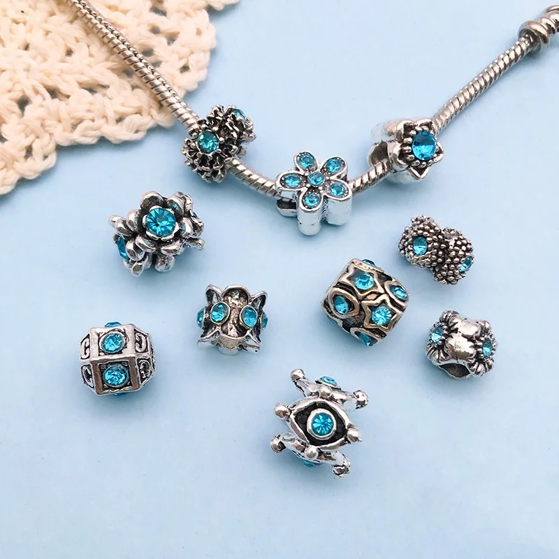 yuku new randomly mixed 10 lake blue inlaid point drill ancient silver alloy large hole bead jewelry accessories bag