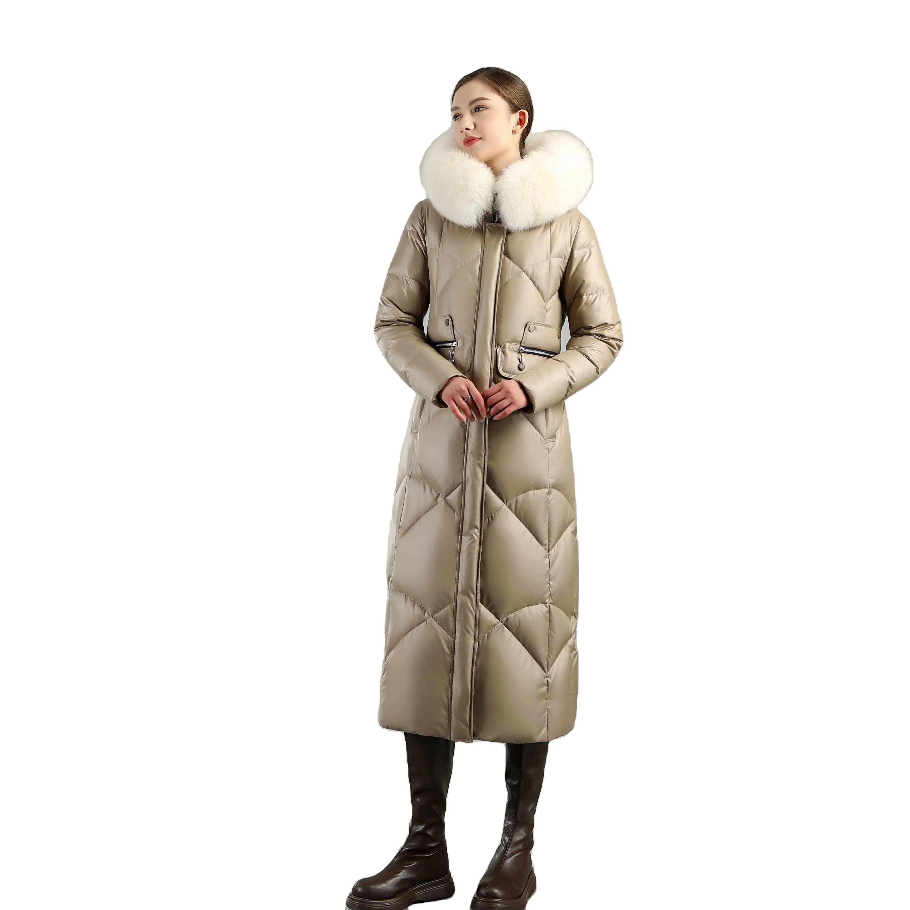 2023 custom high quality stylish winter women puffer bomber real fur light weight quilted duck down design jacket parka coat