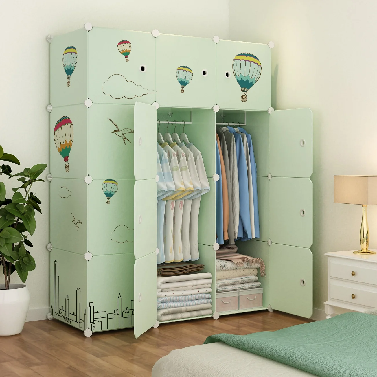 Hot Sale Clothe Storage Cabinet Rectangular Plastic Foldable Wardrobe Organiser Green Color With Stickers Portable Cube Wardrobe