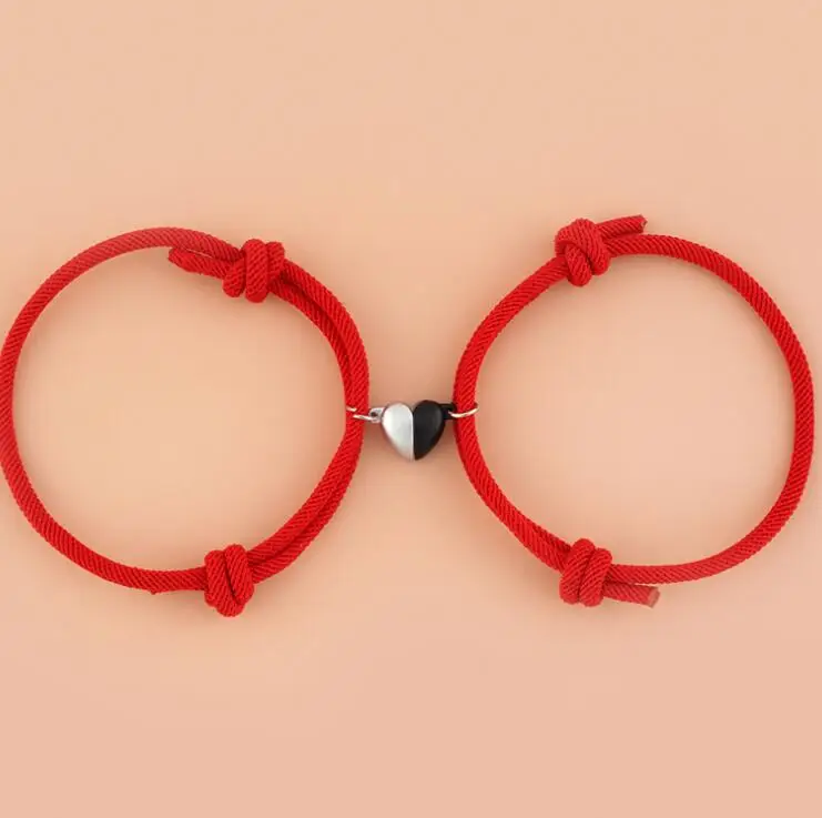 Fashion Fashion Simple Black and White Heart-shaped Magnetic Buckle Knit Lovers Bracelet Bestie Bracelet Adjustable