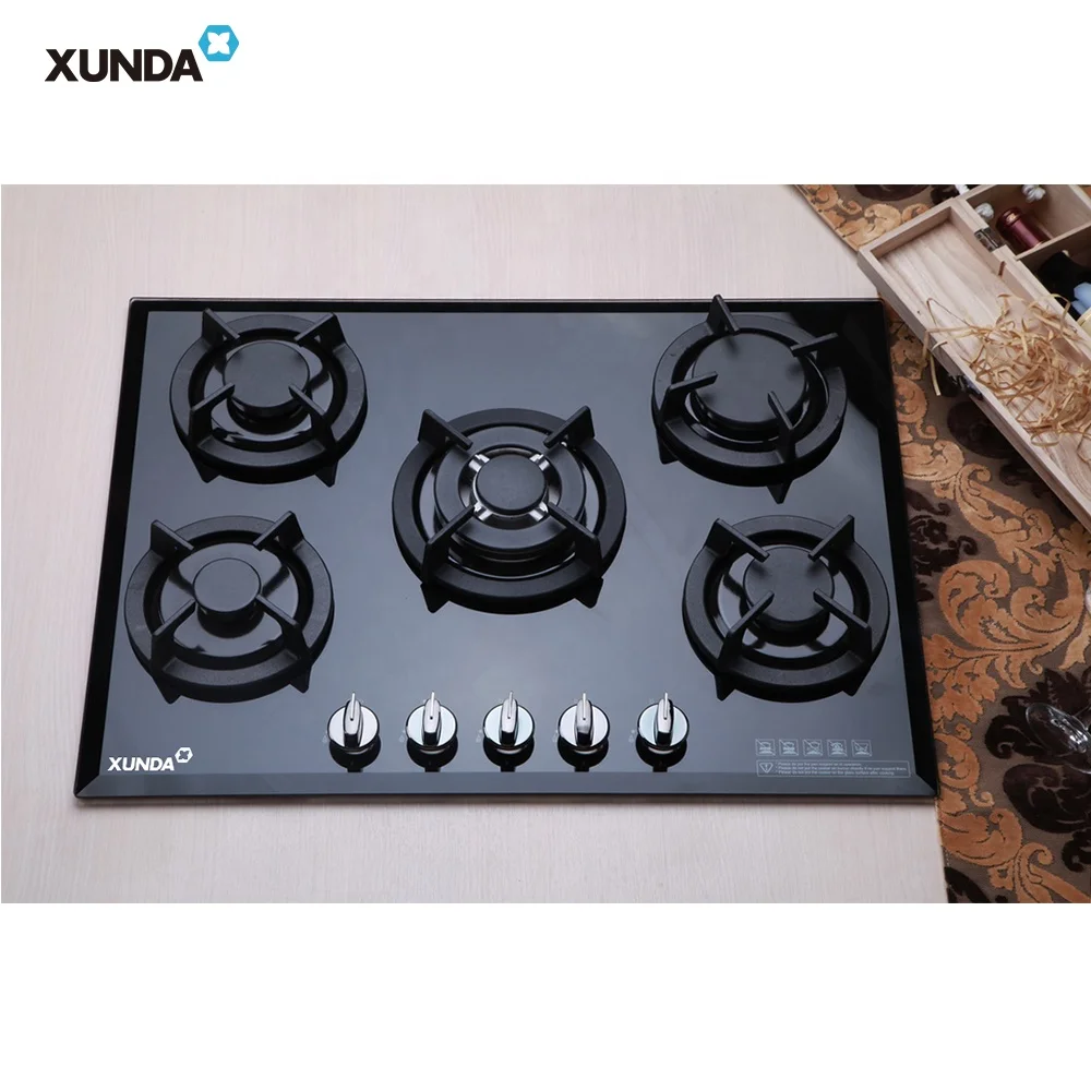 Xunda All Black Tempered Glass 5 Burners Gas Cooktops Built-In Gas Stove Glass Top Hob